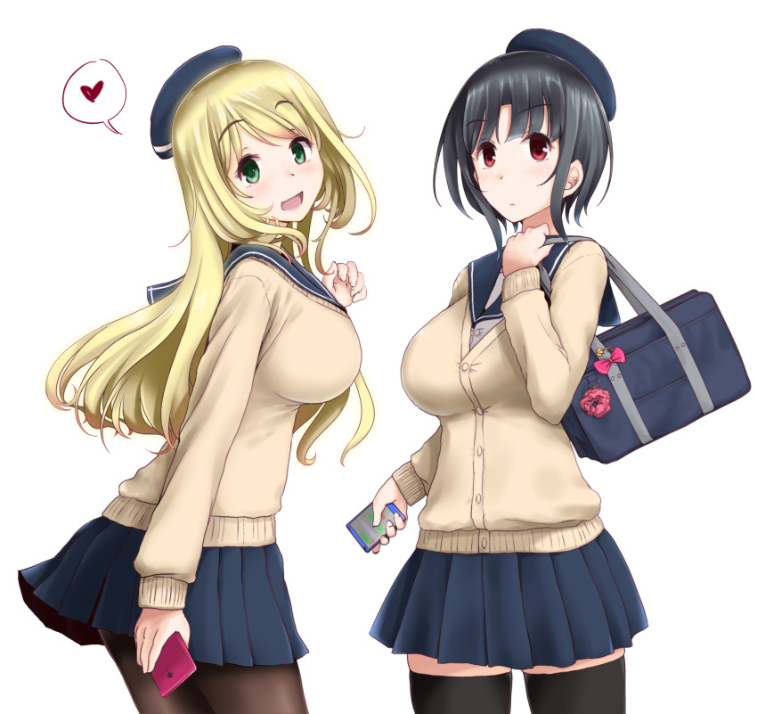 2girls, :d, arm_at_side, atago_(kantai_collection), bag, bangs, beret, black_hair