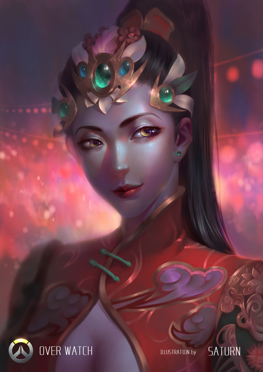 1girl, absurdres, alternate_costume, alternate_headgear, artist_name, black_hair, china_dress, chinese_clothes