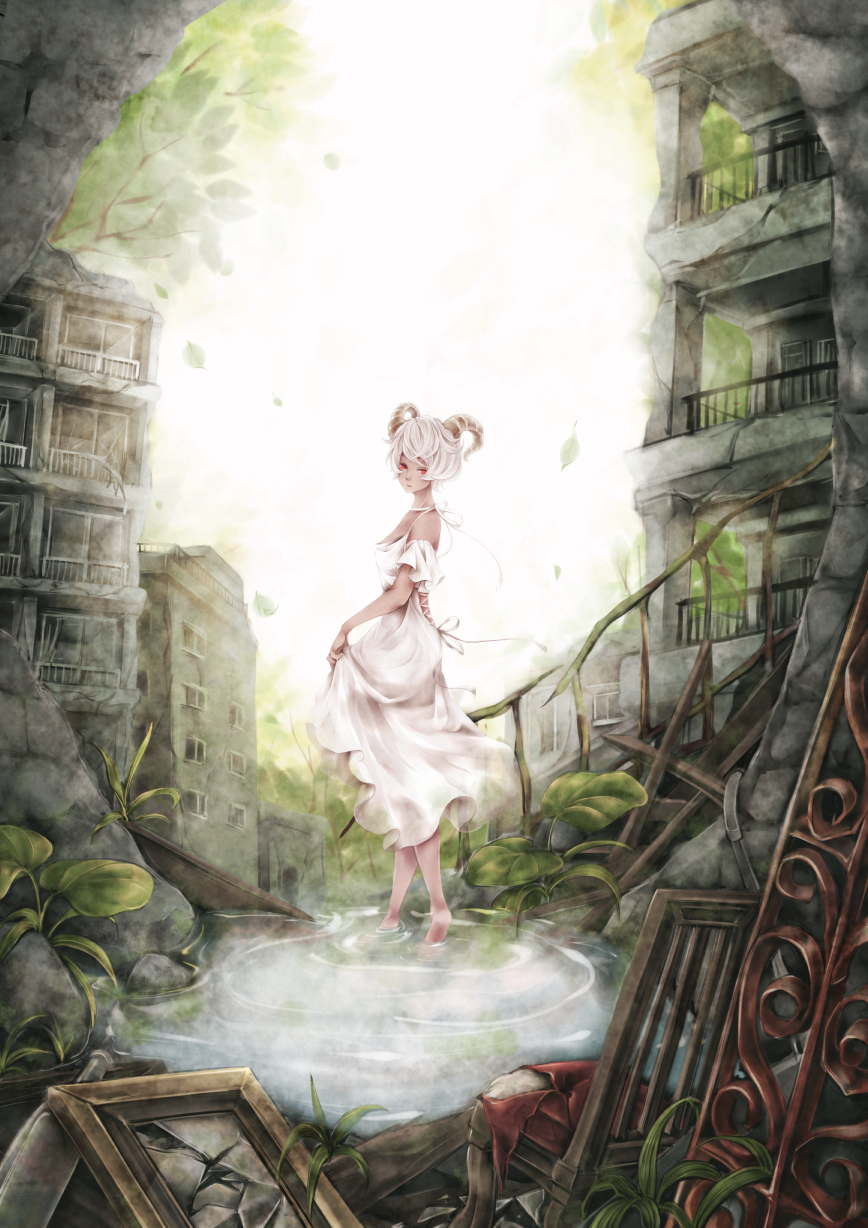 1girl, apartment, balcony, bangs, barefoot, bottle, broken_glass, building, chair, debris, detached_sleeves, dress, expressionless, from_behind, glass, highres, horns, ironwork, leaf, looking_back, nejimaki_oz, original, outdoors, picture_frame, plant, puddle, red_eyes, ruins, sheep_horns, short_hair, skirt_hold, sleeveless, sleeveless_dress, solo, spaghetti_strap, standing, water, white_dress, white_hair