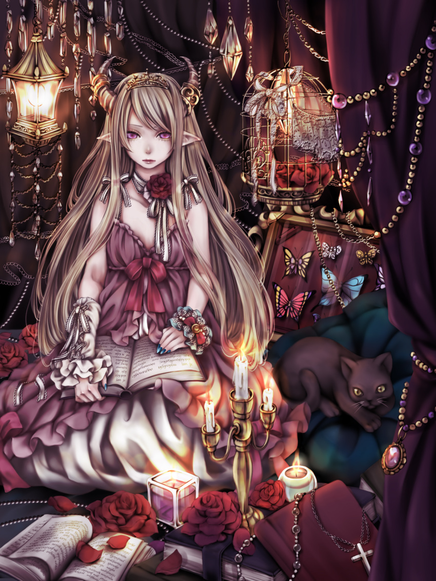 1girl, :|, bangs, bead_necklace, beads, birdcage, black_cat, blue_nails