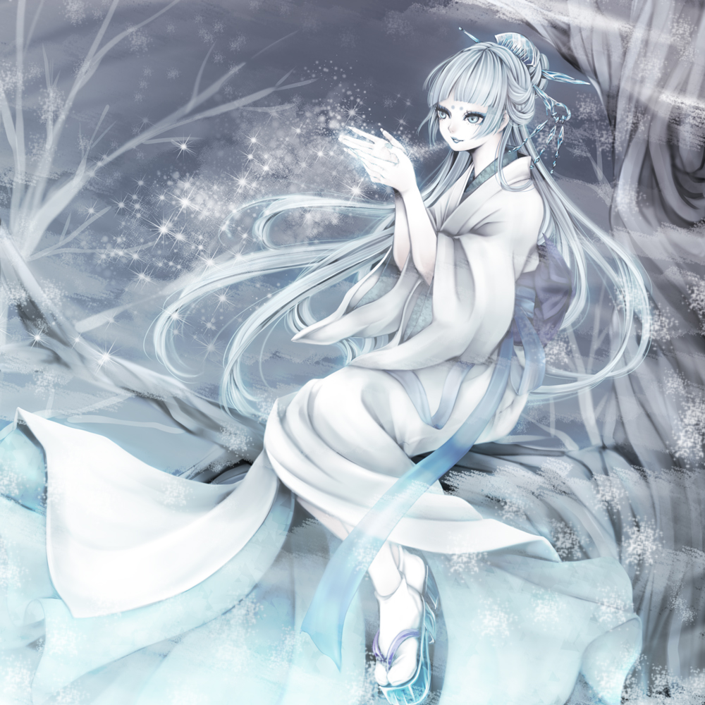 bare_tree, blue_eyes, blue_hair, closed_mouth, diffraction_spikes, japanese_clothes, kimono, long_hair