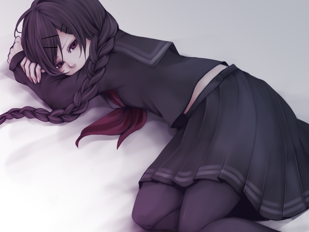 1girl, bangs, black_hair, black_legwear, black_shirt, black_skirt, braid, brown_eyes