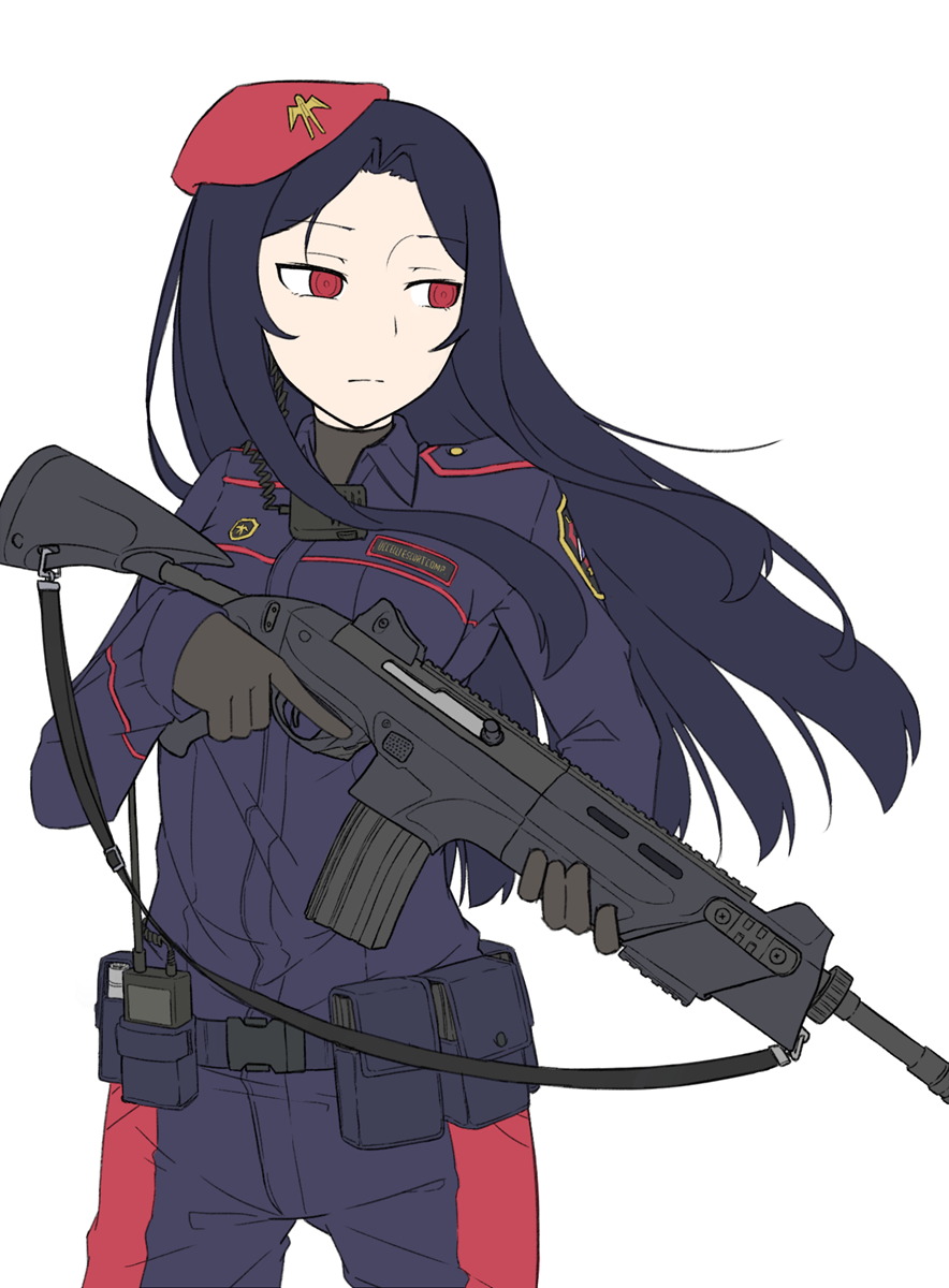 1girl, beret, beretta_rx4, blue_hair, empty_eyes, gloves, gun, hat, highres, long_hair, looking_away, magazine_pouch, military, military_uniform, original, paravene, radio, red_eyes, rifle, sling_(weapon), trigger_discipline, uniform, weapon