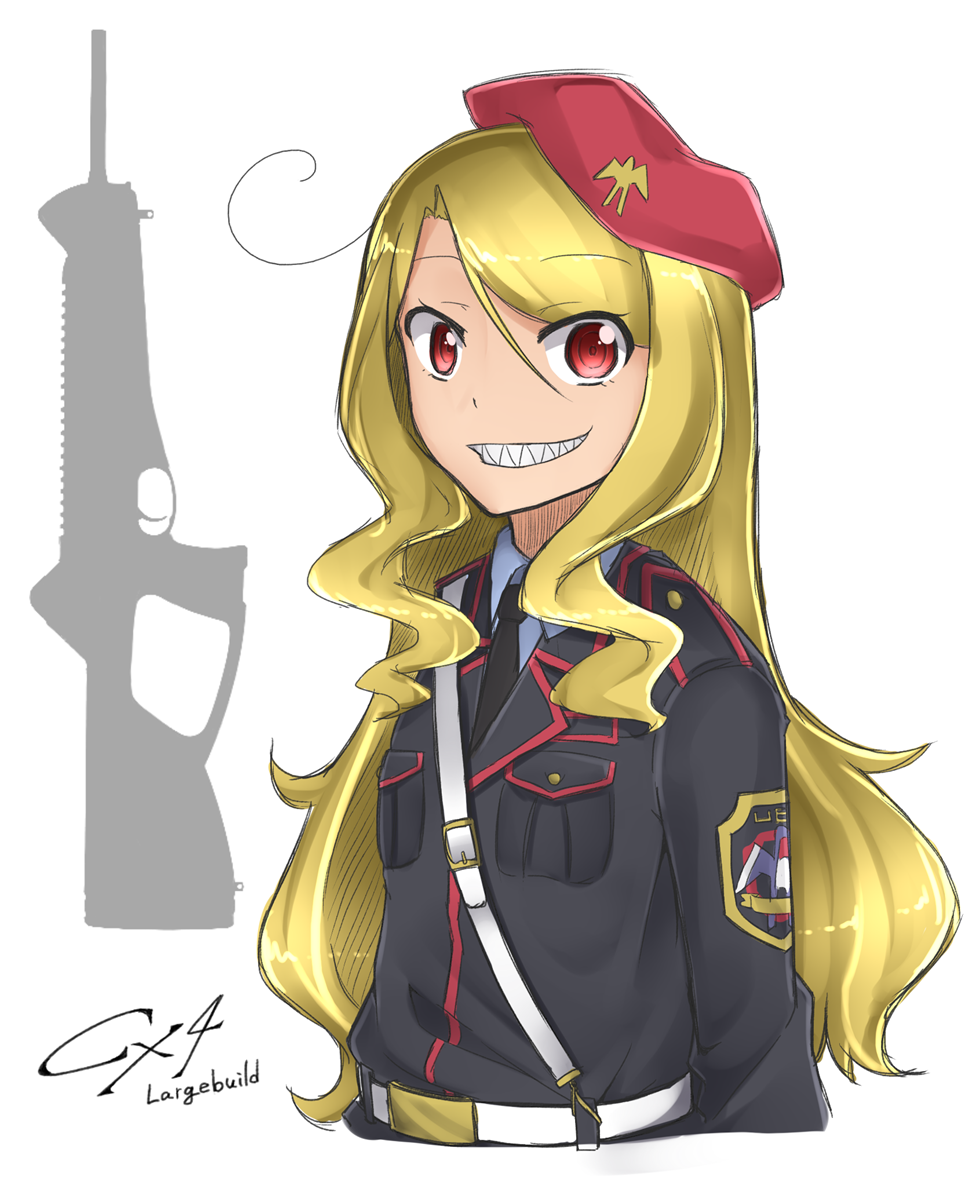 1girl, beret, beretta_cx4, blonde_hair, grin, gun, hat, highres, long_hair, looking_at_viewer, military, military_uniform, necktie, original, paravene, red_eyes, rifle, sharp_teeth, smile, teeth, uniform, weapon
