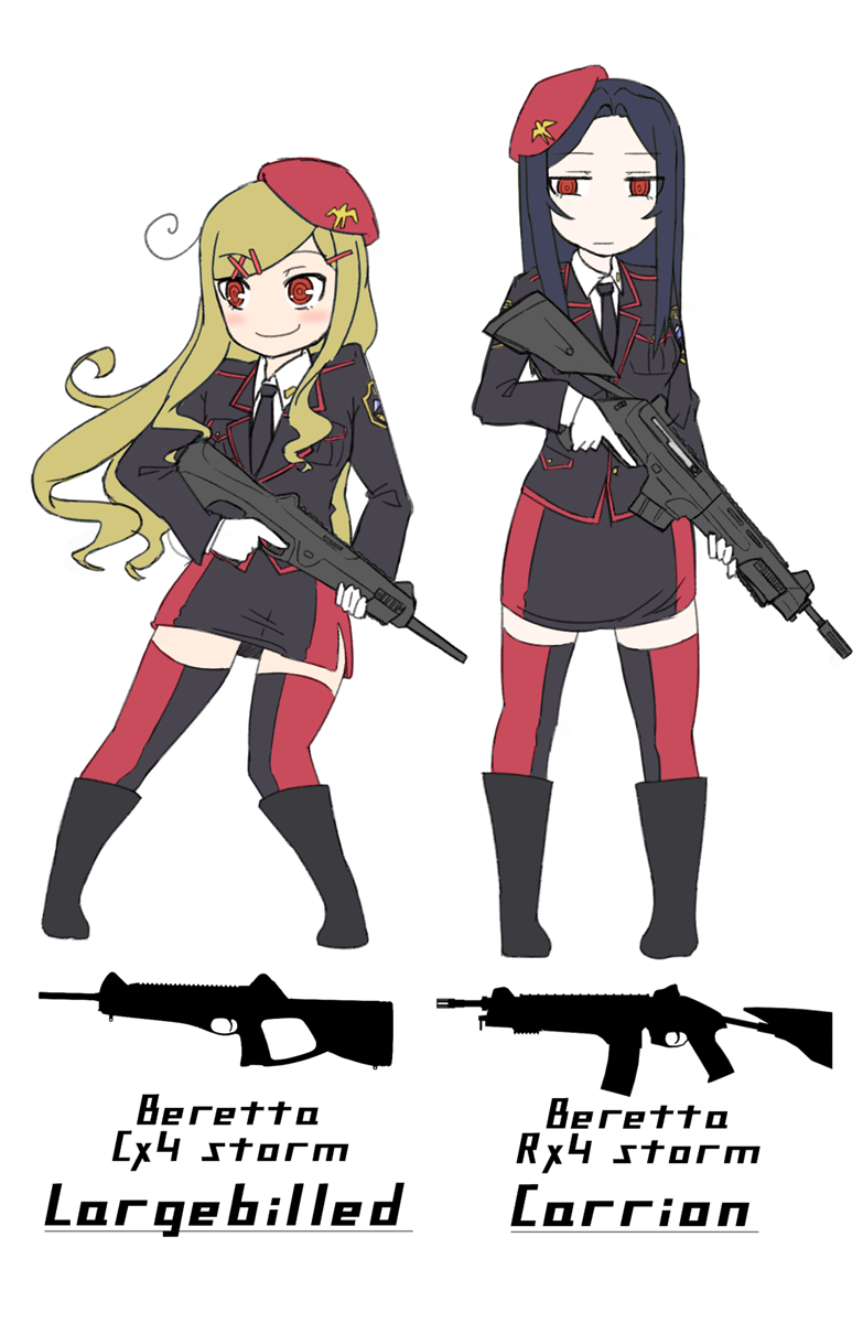 2girls, beret, beretta_cx4, beretta_rx4, blonde_hair, blue_hair, gloves, gun