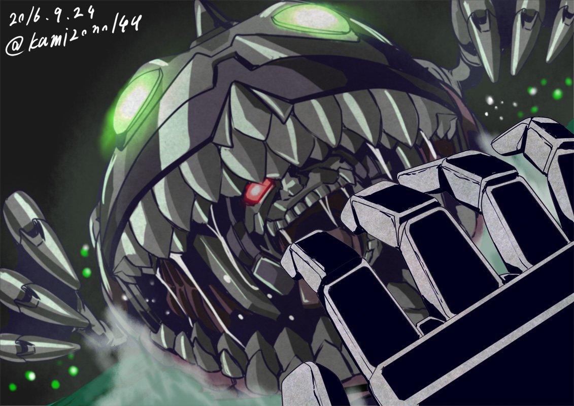 2016, 80s, artist_name, claws, creepy, fangs, glowing, glowing_eyes, green_eyes, kamizono_(spookyhouse), machine, machinery, mecha, no_humans, oldschool, open_mouth, red_eyes, robot, science_fiction, sharkticon, smile, teeth, transformers, twitter_username