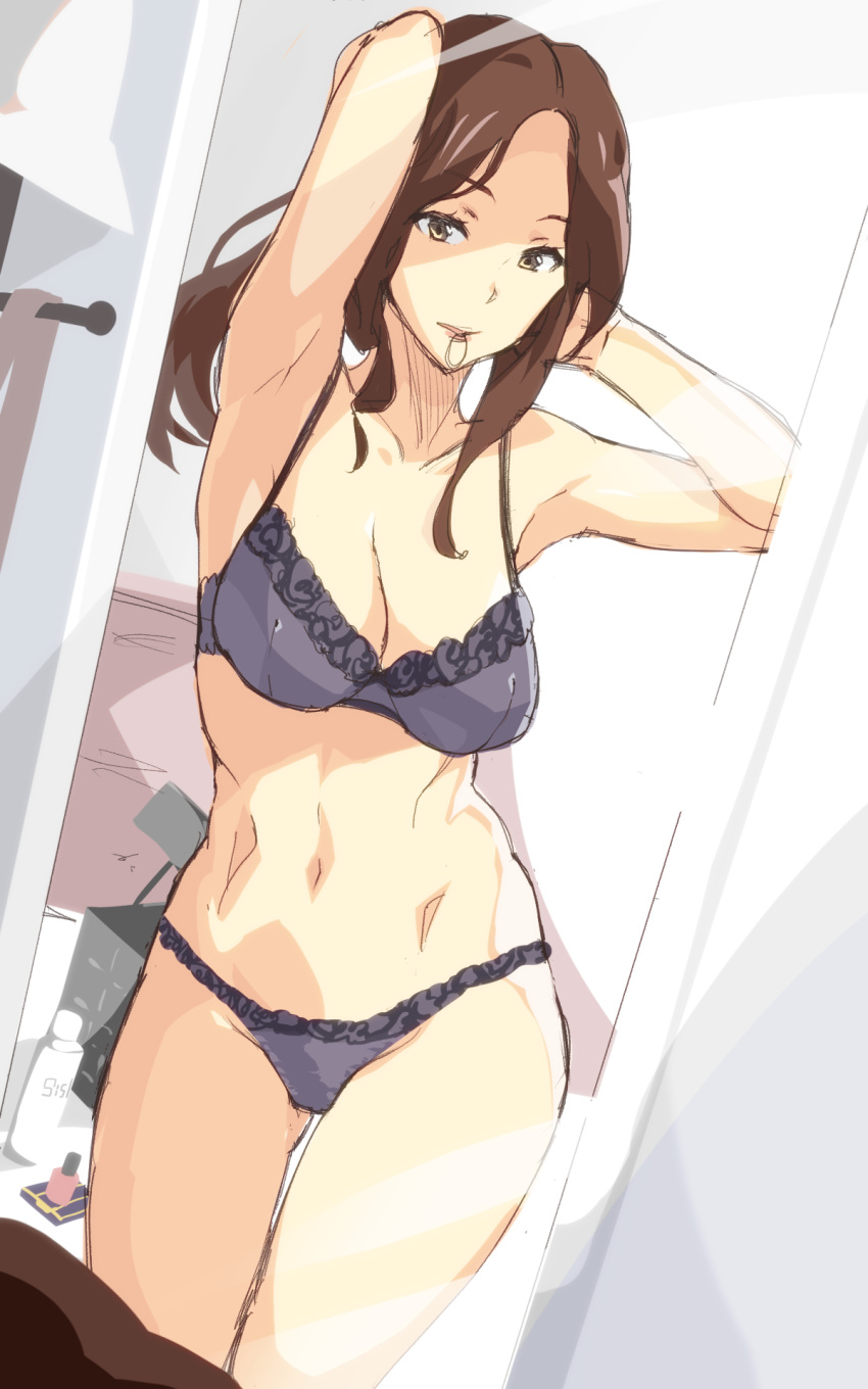 1girl, adjusting_hair, black_bra, black_panties, bra, breasts, brown_eyes, brown_hair