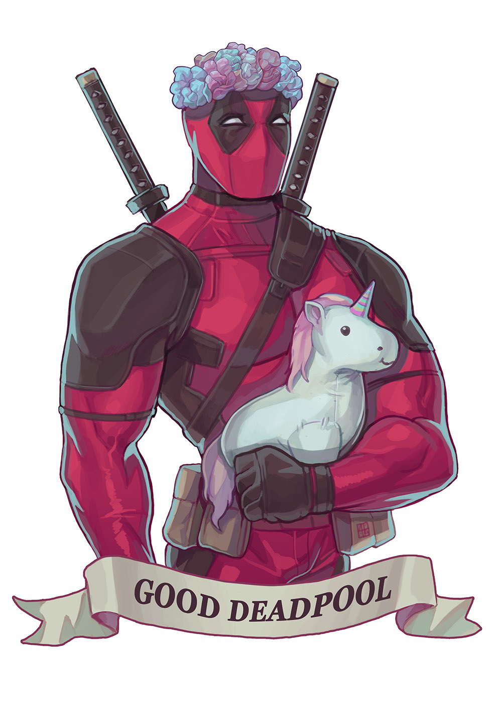 1boy, alejandro_tio, bodysuit, character_name, deadpool, head_wreath, highres, katana