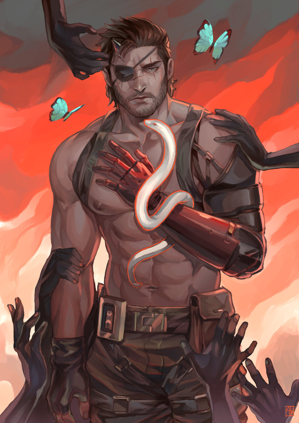 1boy, abs, alejandro_tio, beard, blue_eyes, brown_hair, butterfly, cowboy_shot