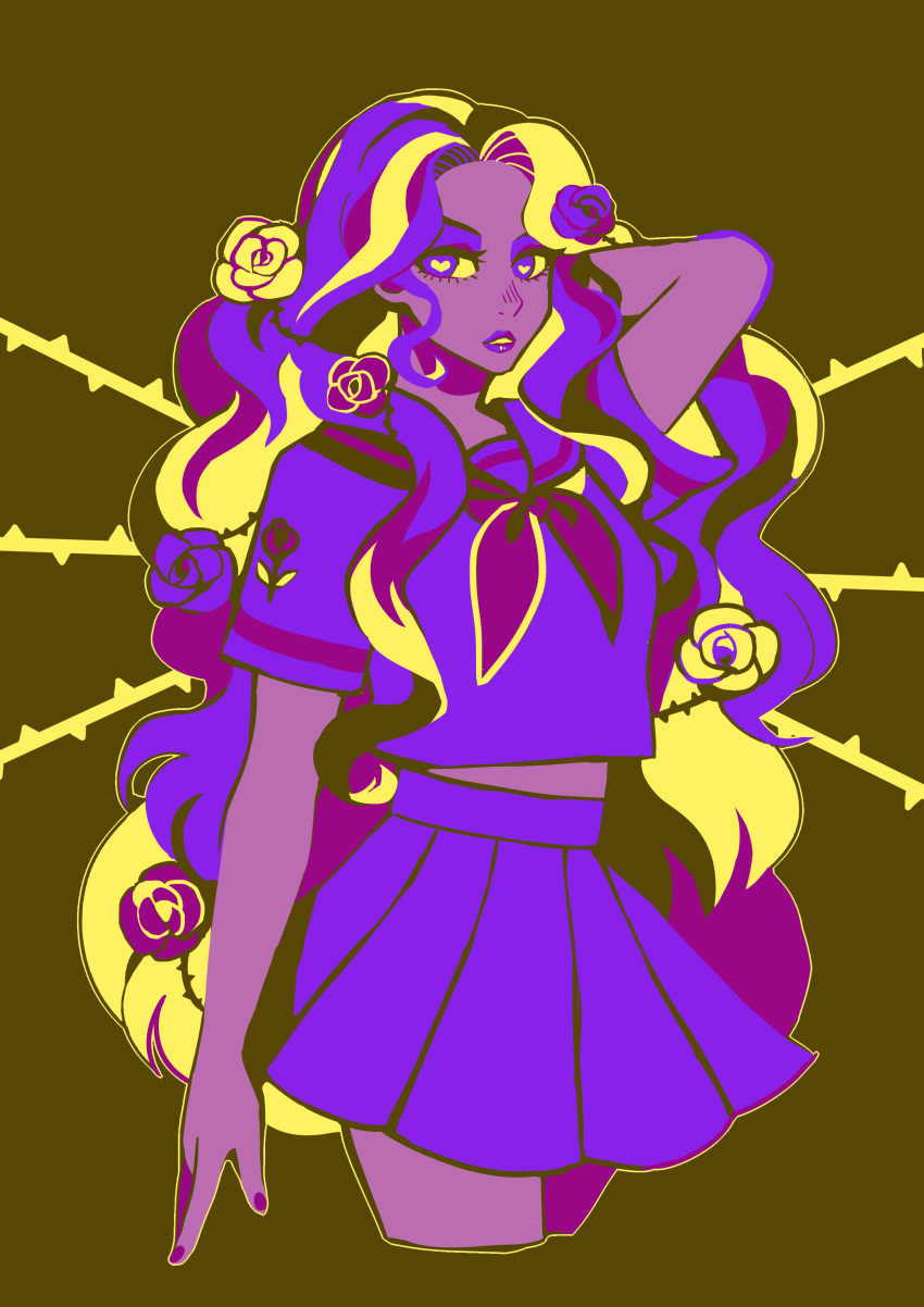 1girl, absurdres, flower, hair_flower, hair_ornament, hand_behind_head, heart, heart-shaped_pupils