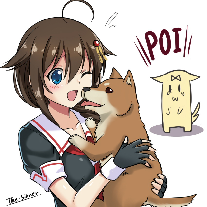 1girl, :3, ;d, ahoge, artist_name, black_gloves, black_serafuku, blue_eyes
