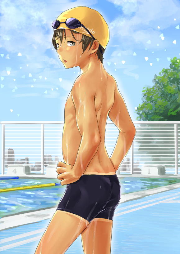 1boy, ass, b_gent, back, brown_hair, cowboy_shot, dripping, from_behind