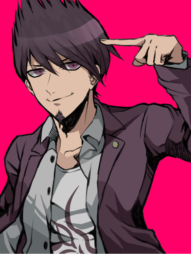 1boy, beard, dangan_ronpa, facial_hair, hisida, jacket, jacket_on_shoulders, male_focus