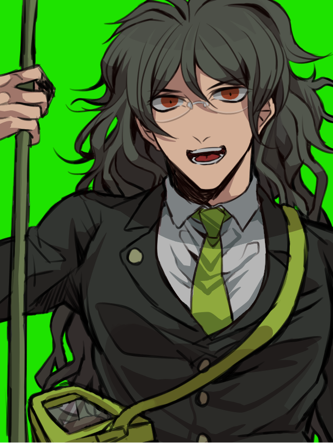 1boy, butterfly_net, dangan_ronpa, formal, glasses, green_background, green_hair, hand_net