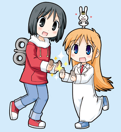 2girls, ac_japan, black_eyes, black_hair, blonde_hair, blue_eyes, labcoat, long_hair
