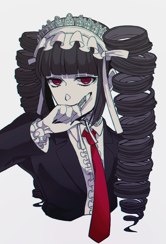 1girl, bangs, black_hair, black_nails, blunt_bangs, bonnet, celestia_ludenberck, claw_ring