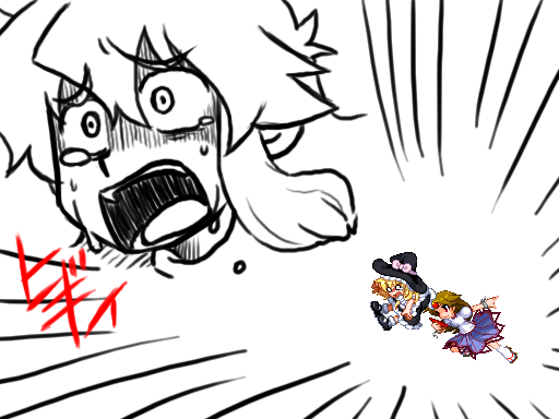 buttattack, hat, hip_attack, horn, horns, hoshiguma_yuugi, kirisame_marisa, long_hair, o_o, ouch, pain, pixel_art, red_eyes, seme_&amp;_mayo, short_hair, tears, touhou, witch_hat