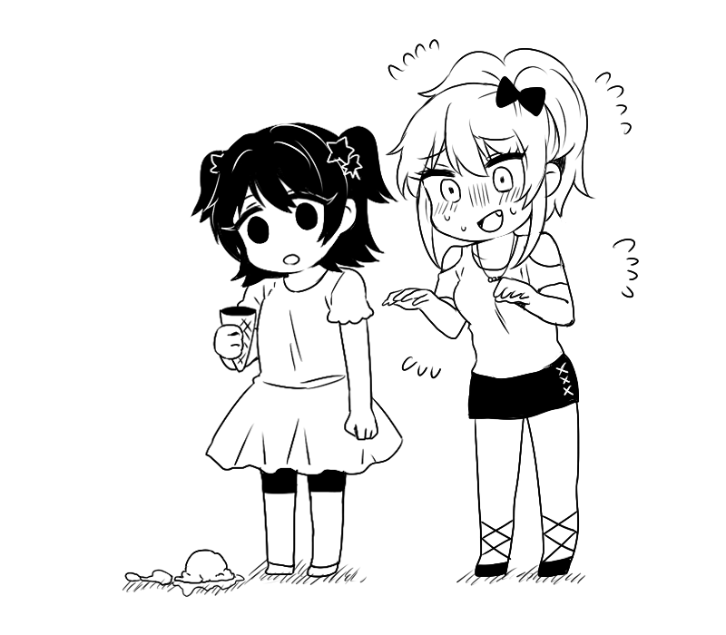 2girls, :o, akagi_miria, black_hair, blank_stare, bow, dress, flying_sweatdrops