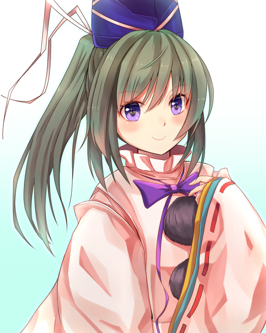 1girl, blush, bow, bowtie, closed_mouth, commentary_request, grey_hair, hat