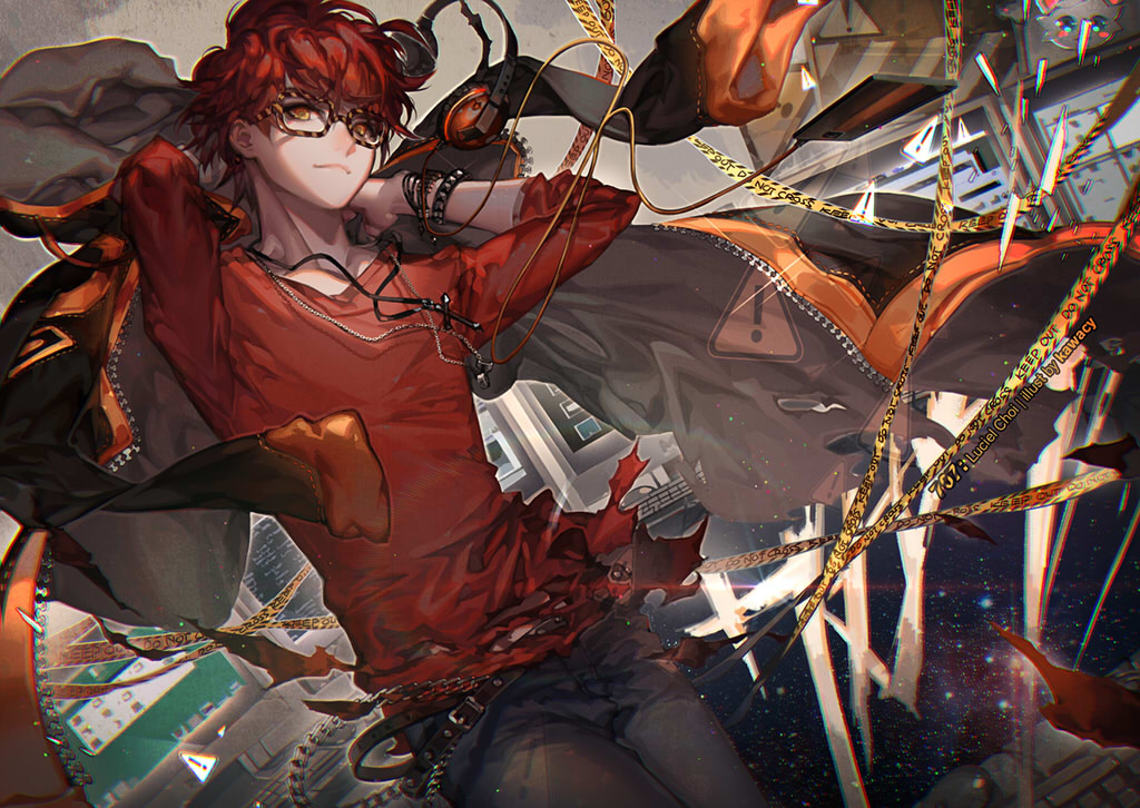 1boy, 707_(susanghan_messenger), belt, bracelet, commentary, cross, cross_necklace, denim