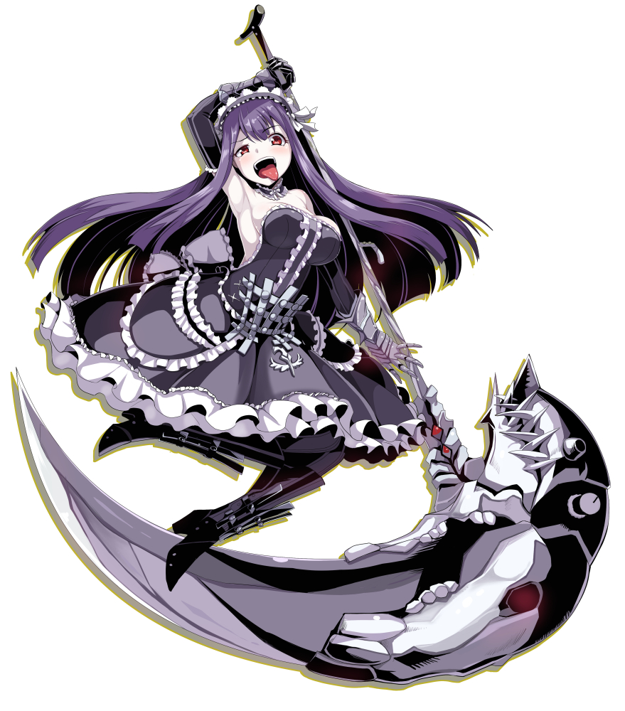 1girl, breasts, dan_(orange_train), dress, gauntlets, long_hair, open_mouth, purple_hair, reaper_(sekaiju), red_eyes, scythe, sekaiju_no_meikyuu, sekaiju_no_meikyuu_5, sideboob, solo, tongue, tongue_out