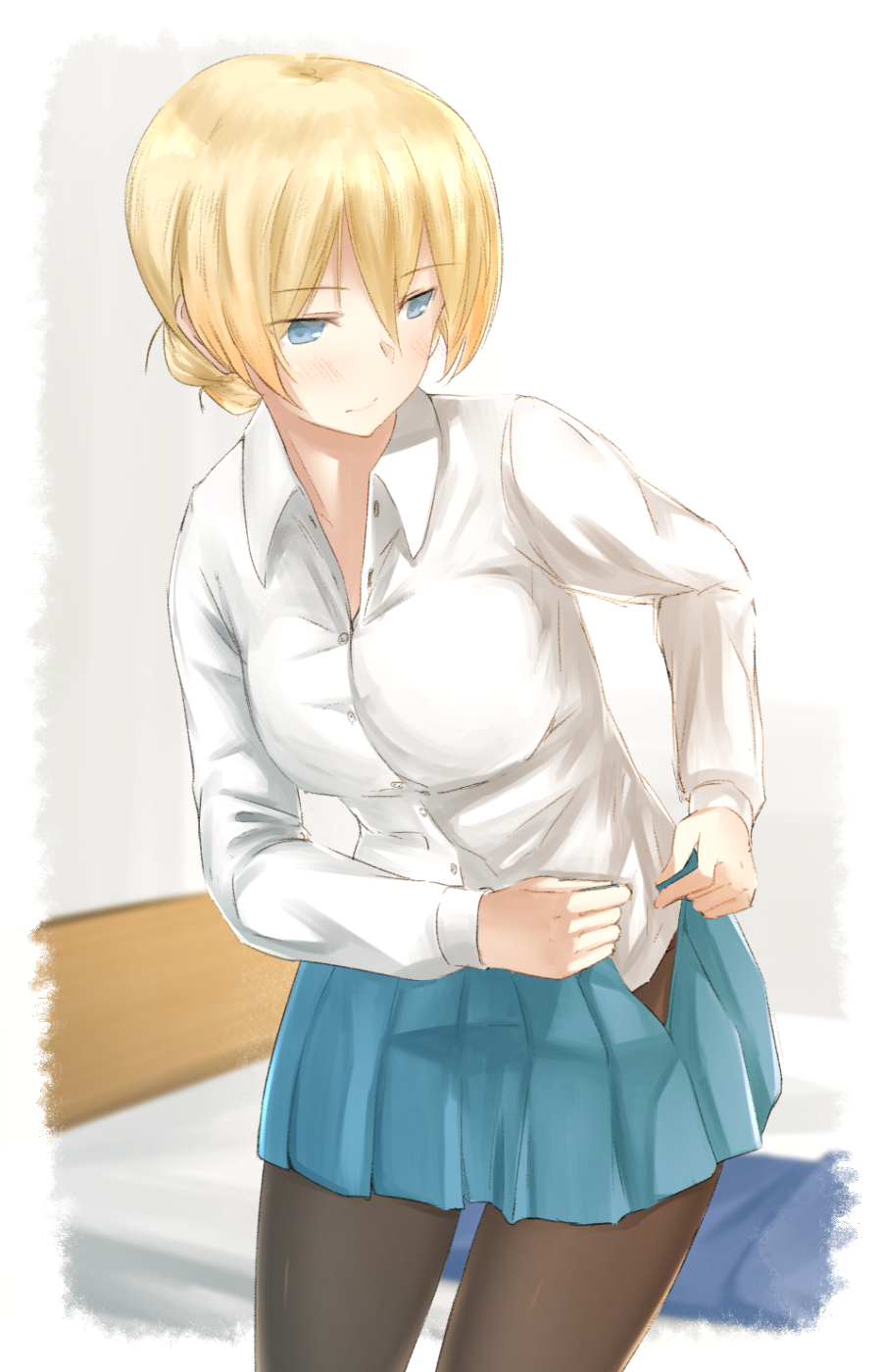 1girl, bangs, black_legwear, blonde_hair, blue_eyes, blue_skirt, blush, braid