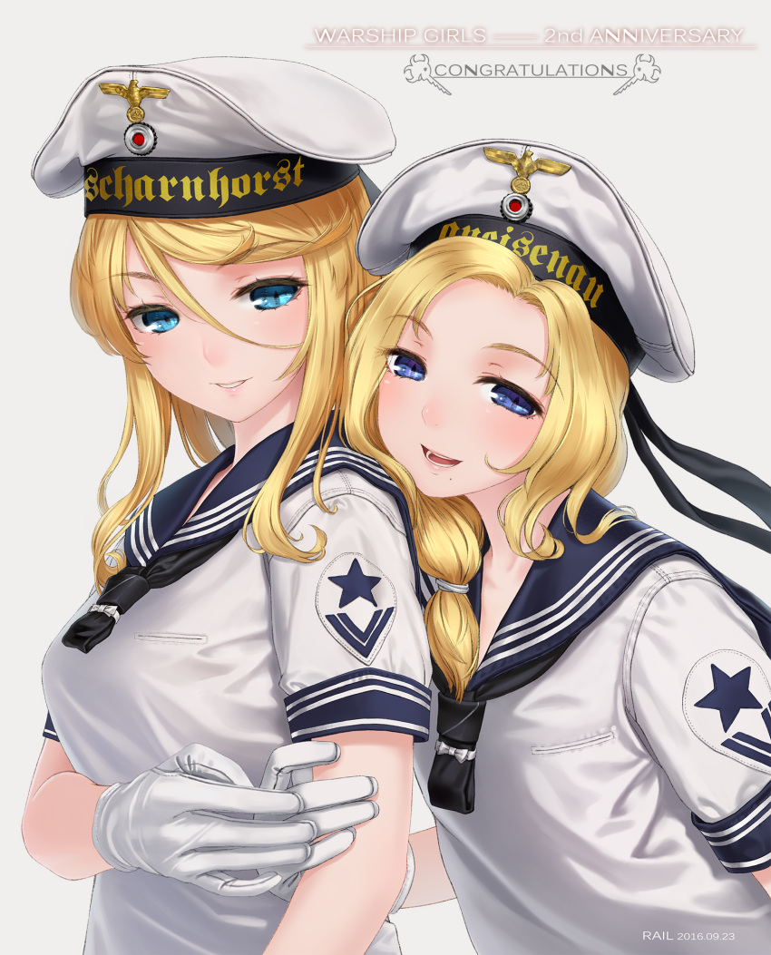 2girls, :d, artist_name, blonde_hair, blue_eyes, blush, breasts, character_name