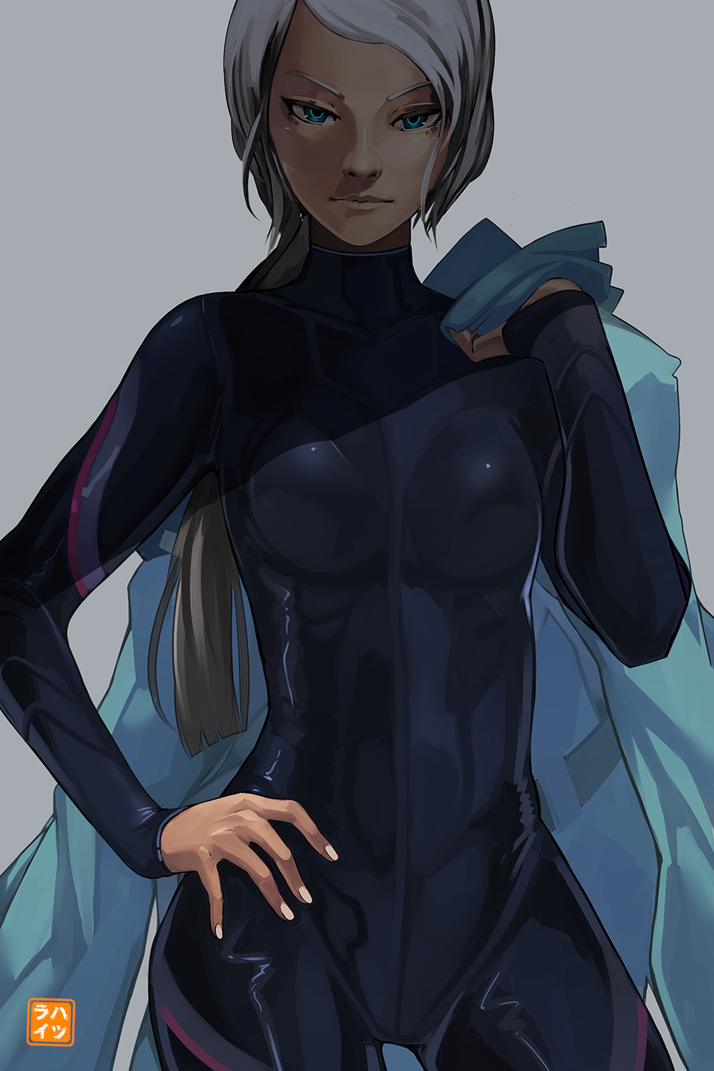 1girl, blanche_(pokemon), blue_eyes, bodysuit, grey_hair, hand_on_hip, hatsurai_kun, highres