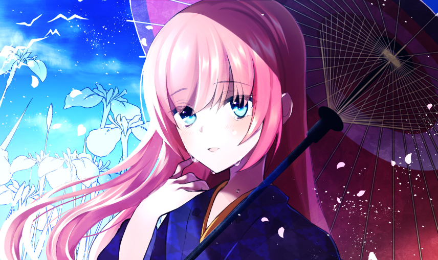1girl, blue_eyes, crying, crying_with_eyes_open, flower, japanese_clothes, kimono, long_hair, looking_at_viewer, megurine_luka, mofuruo, open_mouth, pink_hair, solo, tears, umbrella, vocaloid, yukata