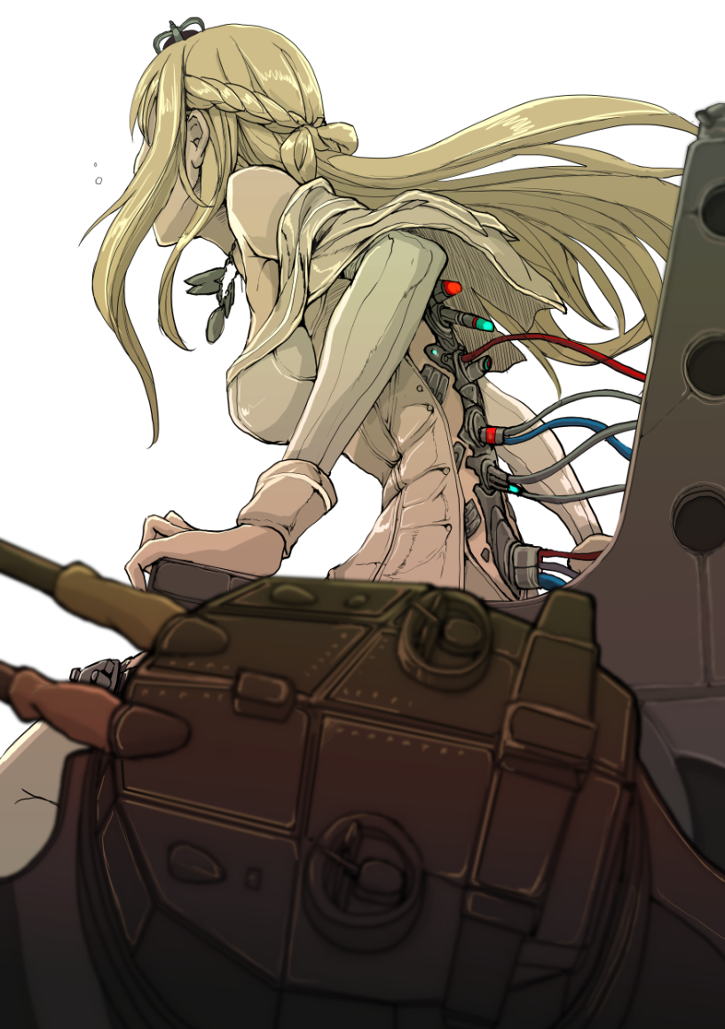 1girl, blonde_hair, blurry, boushi-ya, braid, breasts, cable, cannon