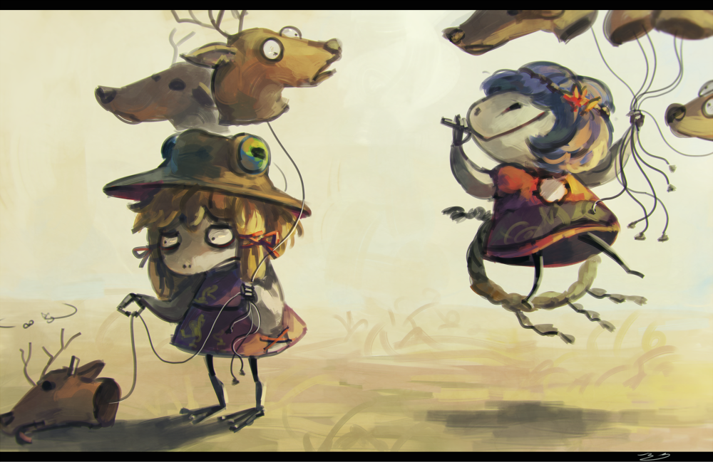 2girls, balloon, blonde_hair, blowgun, blue_hair, commentary_request, death, deer