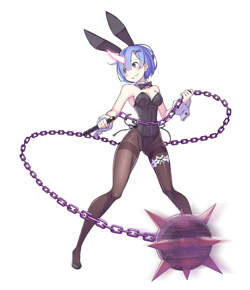 1girl, animal_ears, ball_and_chain, blue_eyes, blue_hair, bow, bowtie, bunny_girl