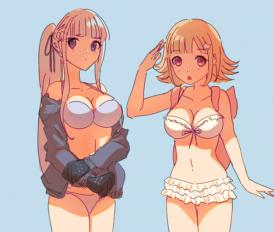 2girls, backpack, bag, bikini, dangan_ronpa, dangan_ronpa_3, flipped_hair, gloves