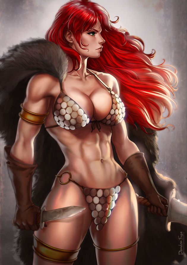 1girl, abs, anklet, armlet, armor, bikini_armor, breasts, cleavage, dagger, dandon_fuga, fur_cape, gloves, jewelry, looking_to_the_side, muscle, muscular_female, navel, red_sonja, red_sonja_(comics), redhead, solo, stomach, sword, toned, weapon