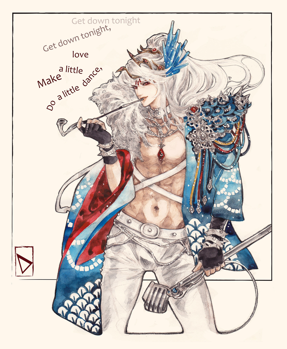 1boy, alternate_costume, demetrio, english_text, highres, holding_pipe, kc_and_the_sunshine_band, kiseru