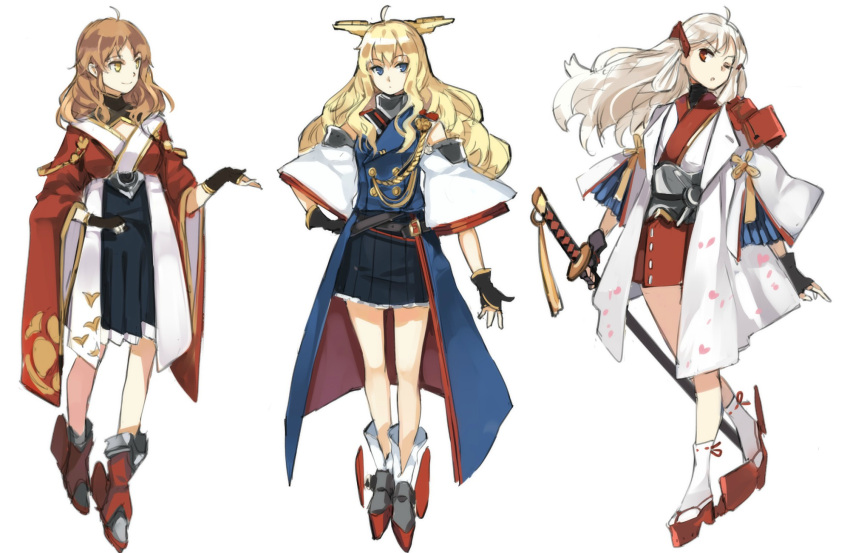 3girls, ahoge, aiguillette, belt, black_gloves, blonde_hair, blue_eyes, blue_skirt