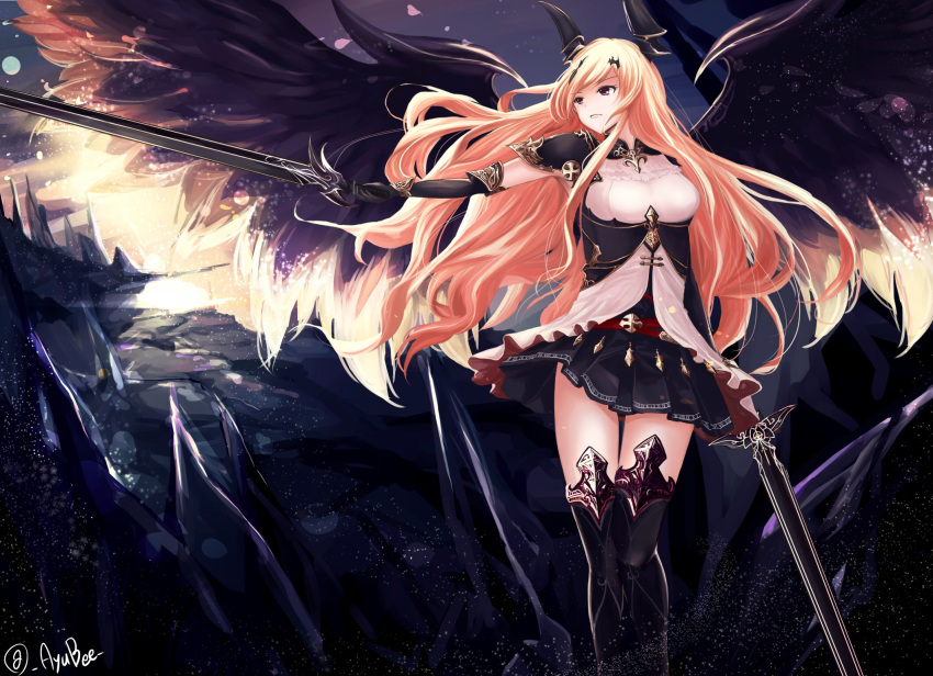 1girl, armor, armored_boots, ayubee, black_gloves, black_skirt, blonde_hair, boots