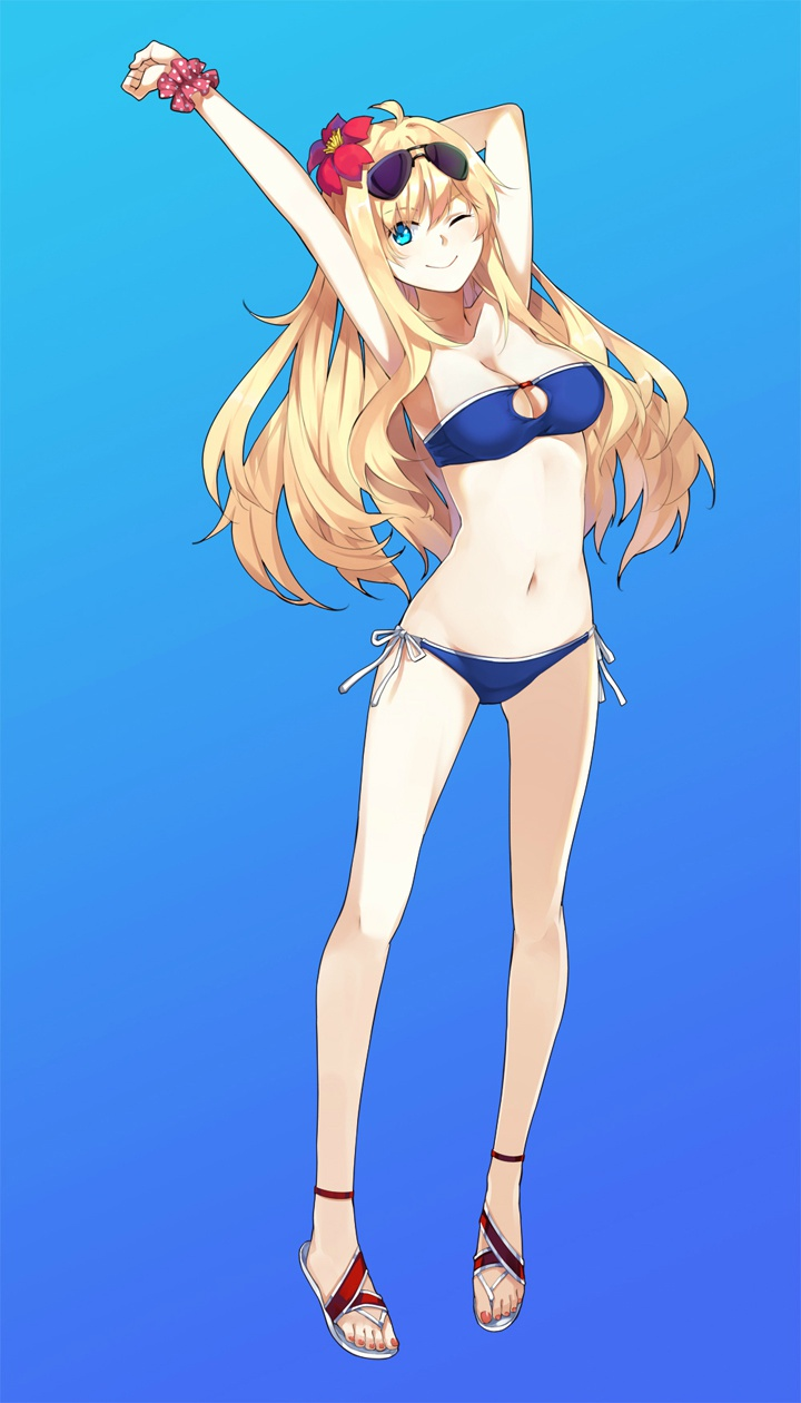 1girl, ;), arms_up, bandeau, bikini, blonde_hair, blue_background, blue_bikini, breasts, cleavage, cleavage_cutout, collarbone, female, flower, full_body, gradient, gradient_background, hair_flower, hair_ornament, hao_(patinnko), highres, kongou_(zhan_jian_shao_nyu), long_hair, looking_at_viewer, navel, one_eye_closed, sandals, scrunchie, side-tie_bikini, smile, solo, source_request, standing, sunglasses, sunglasses_on_head, swimsuit, toenail_polish, wavy_hair, wrist_scrunchie, zhan_jian_shao_nyu