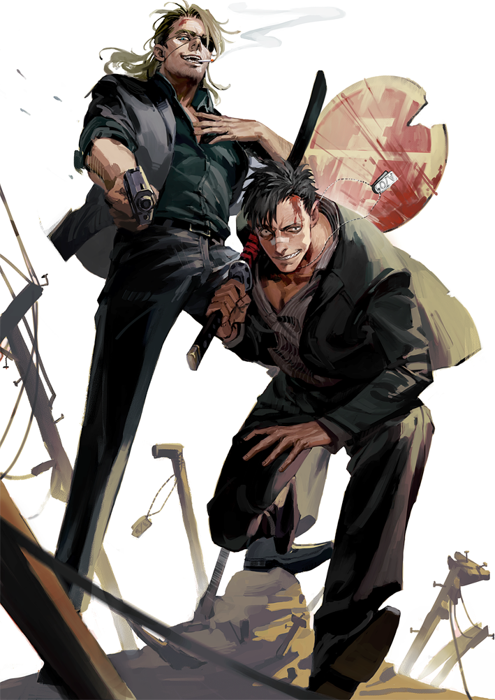 2boys, ao666, black_hair, blue_eyes, brown_hair, cigarette, dog_tags, eyepatch