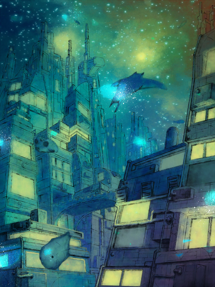 blue, bridge, bubble, city, fish, highres, manta_ray, no_humans