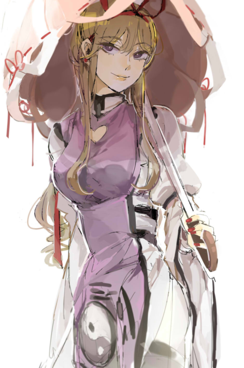 1girl, alternate_hairstyle, blonde_hair, hairband, heart_cutout, highres, nail_polish, no_hat