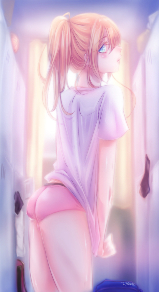 1boy, alternate_hairstyle, ass, blonde_hair, blue_eyes, blush, looking_back, male_focus
