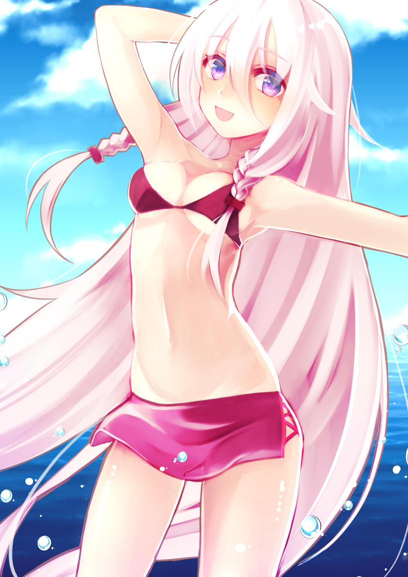 1girl, bikini, blue_sky, ia_(vocaloid), long_hair, looking_at_viewer, mofuruo, ocean