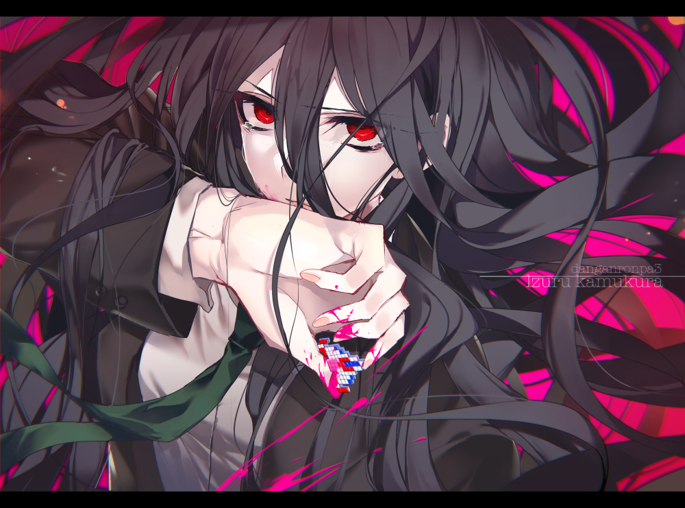 1boy, black_hair, blood, blood_splatter, character_name, copyright_name, dangan_ronpa, dangan_ronpa_3