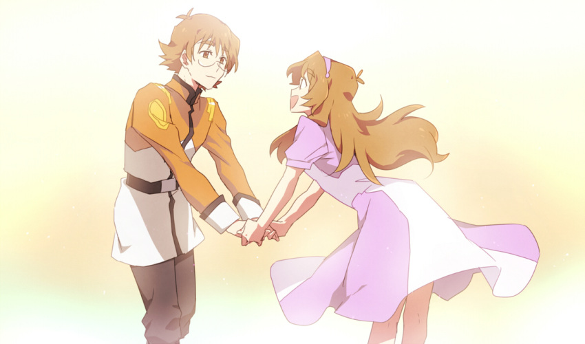 1boy, 1girl, bloom, brother_and_sister, brown_eyes, brown_hair, catgirl0926, dress, flipped_hair, glasses, hairband, holding_hands, hyakujuu-ou_golion, long_hair, matt_holt, military, military_uniform, pidge_gundarsson, siblings, smile, uniform, voltron:_legendary_defender, younger