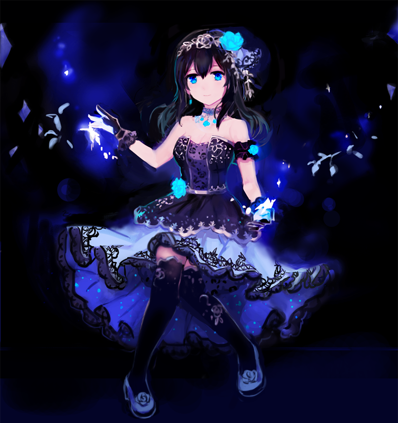 1girl, black_dress, black_gloves, black_hair, black_legwear, blue_eyes, breasts, cleavage