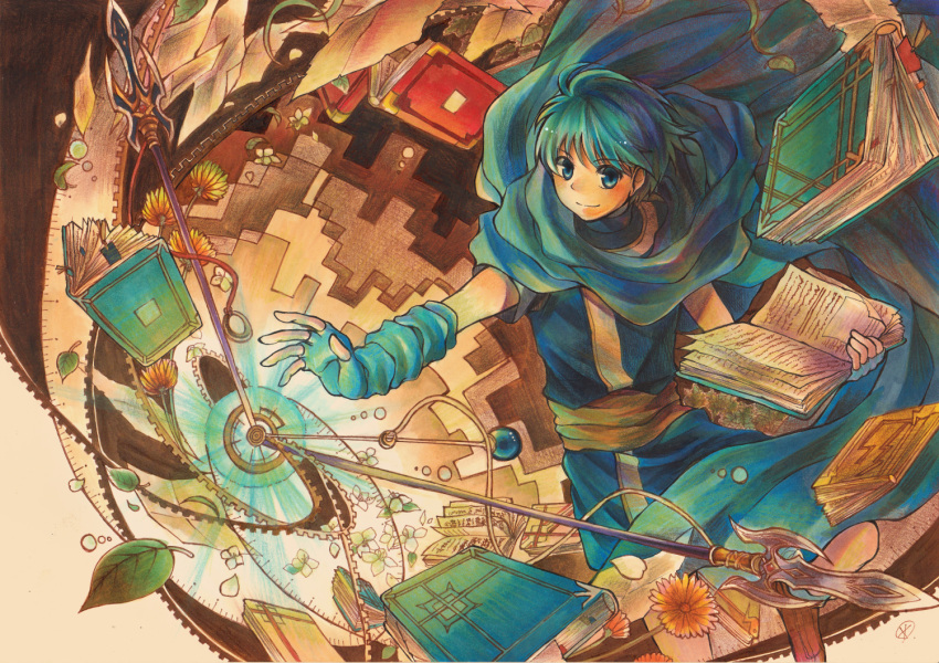 1boy, asvel_(fire_emblem), blue_eyes, blue_hair, book, cape, fire_emblem, fire_emblem:_thracia_776, open_book, polearm, spear, spiral, weapon