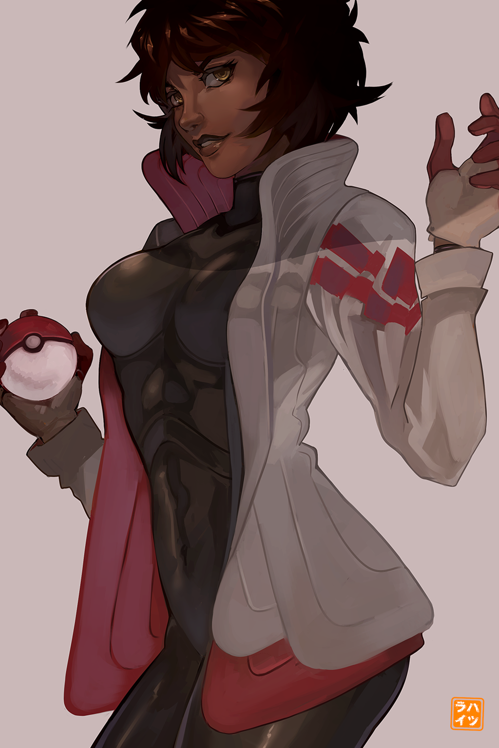 1girl, bodysuit, brown_eyes, brown_hair, candela_(pokemon), dark_skin, fingerless_gloves, gloves, hatsurai_kun, highres, jacket, looking_at_viewer, poke_ball, pokemon, pokemon_go, short_hair, smile, solo