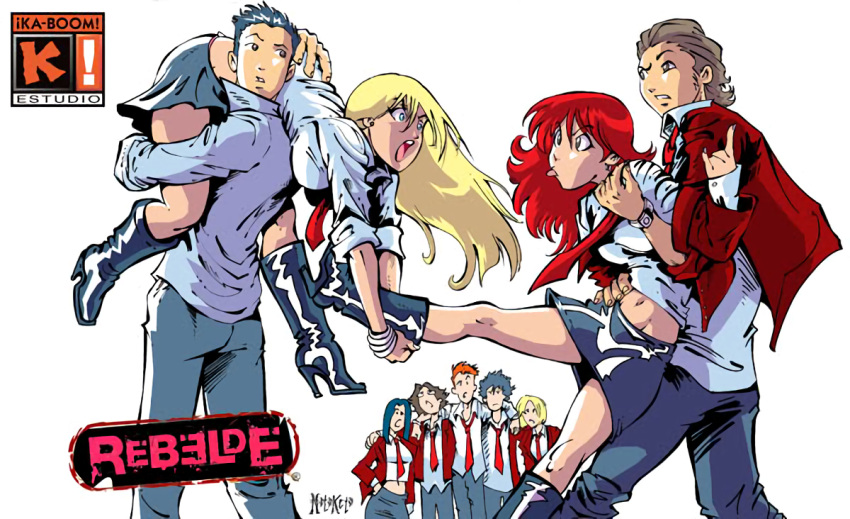 blonde_hair, boots, catfight, everyone, long_hair, mia_colucci, navel, rebelde