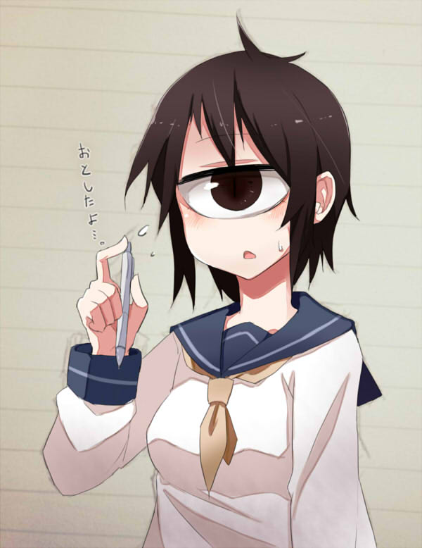 1girl, ahoge, blush, brown_eyes, brown_hair, chestnut_mouth, cyclops, jpeg_artifacts